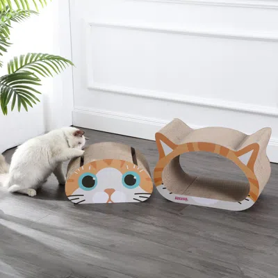 The Licker Store Opal 19" Modern Cardboard Happy Cat Head 2-in-1 Cat Cave Scratcher With Built-in Bell Toys And Catni In Brown