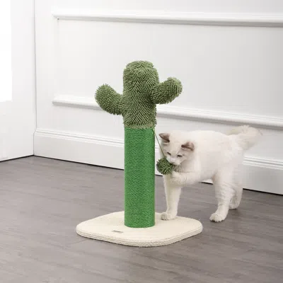The Licker Store Pecos 21" Modern Jute Cactus Cat Scratching Post With Fuzzy Toy, Green/white
