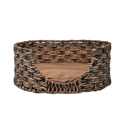 The Licker Store Perri Classic Farmhouse Handwoven Hyacinth Oval Pet Bed With Machine-washable Cushion In Brown