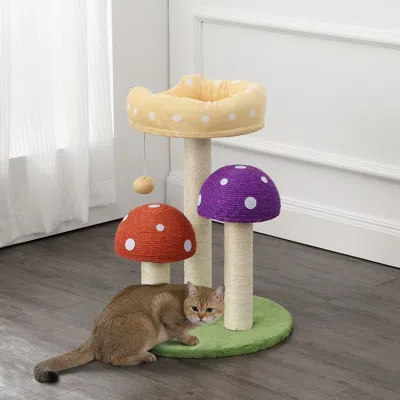 The Licker Store Pixie 22.5" 3-tier Cottage Sisal Mushroom Cat Tree With Scratching Posts, Napping Perch, And Danglin In Multi