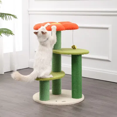 The Licker Store Poppy 29" 3-tier Modern Jute Flower Cat Tree With Dangling Toy, Orange/green