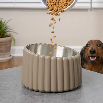 The Licker Store Ripple Ridge Small/medium Slanted Concrete And Stainless Steel Bowl 16oz (2 Cups) Pet Feeder, Brown