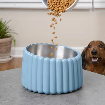 The Licker Store Ripple Ridge Small/medium Slanted Concrete And Stainless Steel Bowl 16oz (2 Cups) Pet Feeder, Brown In Blue