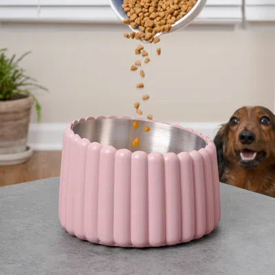 The Licker Store Ripple Ridge Small/medium Slanted Concrete And Stainless Steel Bowl 16oz (2 Cups) Pet Feeder, Brown In Pink