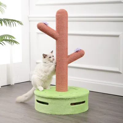The Licker Store Rosa 36" Modern Jute Cactus Cat Scratching Post With Flower Toys And Built-in Bell Toys, Pink/green