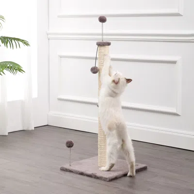 The Licker Store Rylie 38" Farmhouse Sisal Pillar Cat Scratching Post With Fuzzy Toys And Spring Balls, Gray/cream In Neutral