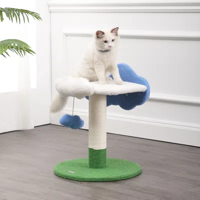 The Licker Store Sami 21.5" Modern Jute Cloud Cat Tree With Scratching Post, And Fuzzy Toy, White/blue/green In Multi