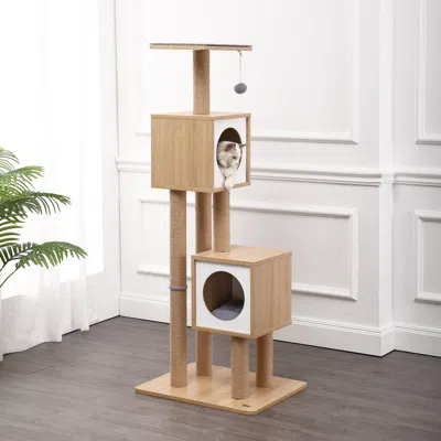 The Licker Store Sawyer 56" 3-tier Minimalist Jute Cat Tree Condo With Scratching Posts, And Fuzzy Toy, Brown/white