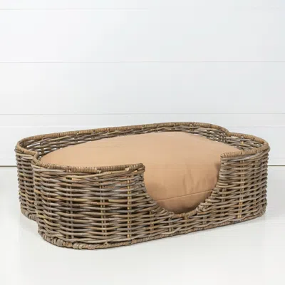 The Licker Store Scallop 27" X 18.25" Tropical Handwoven Rattan Dog Bed With Machine Washable Cushion, Kubu Gray In Brown