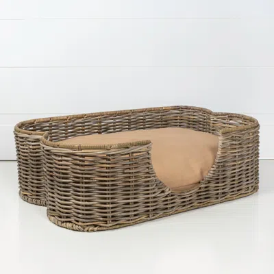 The Licker Store Scallop 31" X 20" Tropical Handwoven Rattan Dog Bed With Machine Washable Cushion, Kubu Gray In Multi