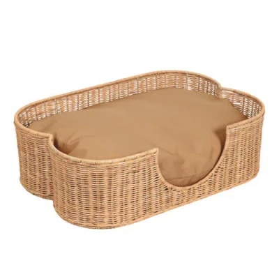 The Licker Store Scallop Tropical Handwoven Rattan Pet Bed With Machine Washable Cushion In Brown