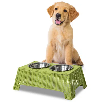 The Licker Store Serenity 6.9" Small/medium Elevated Wicker Pet Feeder With 18oz (2.2 Cups) 2-stainless Steel Bowls,  In Green