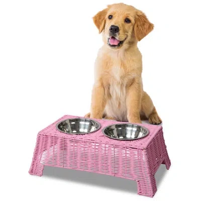 The Licker Store Serenity 6.9" Small/medium Elevated Wicker Pet Feeder With 18oz (2.2 Cups) 2-stainless Steel Bowls,  In Pink
