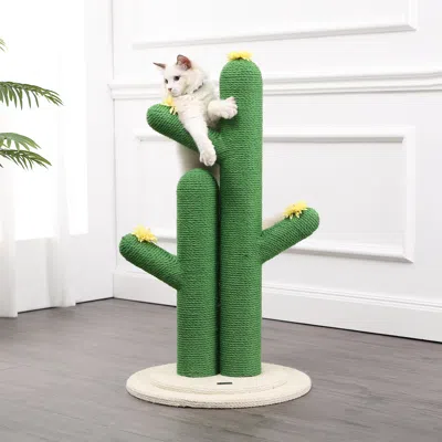 The Licker Store Socorro 34.25" Modern Jute Double-cactus Cat Scratching Post With Flower Toys, Green/white