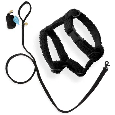 The Licker Store Teddy Bouclé Adjustable H Harness And Leash Walk Set With Poop Bag In Black