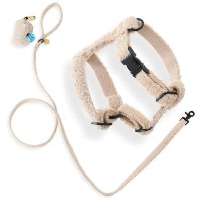 The Licker Store Teddy Bouclé Adjustable H Harness And Leash Walk Set With Poop Bag In Neutral