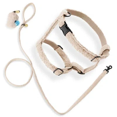 The Licker Store Teddy Bouclé Adjustable H Harness And Leash Walk Set With Poop Bag Pouch In Beige