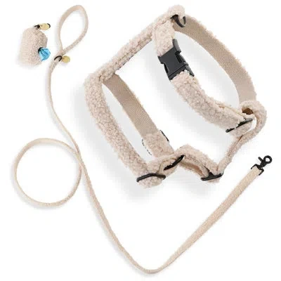 The Licker Store Teddy Bouclé Adjustable H Harness And Leash Walk Set With Poop Bag Pouch In Beige