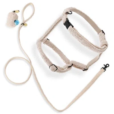 The Licker Store Teddy Bouclé Adjustable H Harness And Leash Walk Set With Poop Bag Pouch In Beige