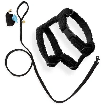 The Licker Store Teddy Bouclé Adjustable H Harness And Leash Walk Set With Poop Bag Pouch In Black