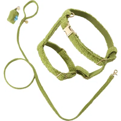 The Licker Store Teddy Bouclé Adjustable H Harness And Leash Walk Set With Poop Bag Pouch In Green