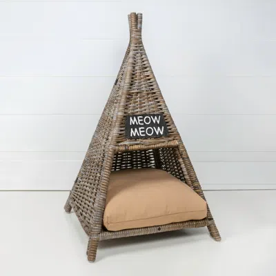 The Licker Store Tiki Tent 20" X 20" Coastal Handwoven Rattan Cat Bed With Machine-washable Cushion, Kubu Gray In Brown