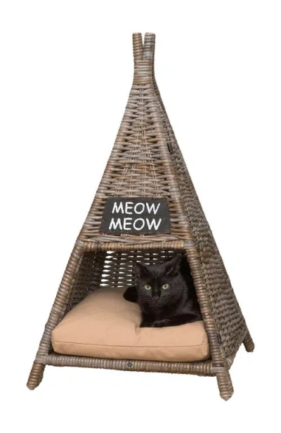 The Licker Store Tiki Tent 20" X 20" Coastal Handwoven Rattan Pet Bed With Machine-washable Cushion In Brown