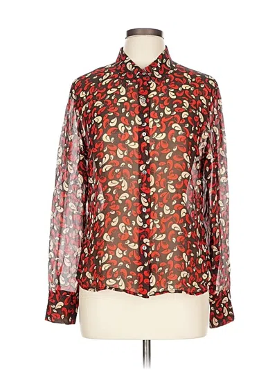 Pre-owned The Limited Long Sleeve Silk Top Red Floral Pattern Mock Neckline Tops