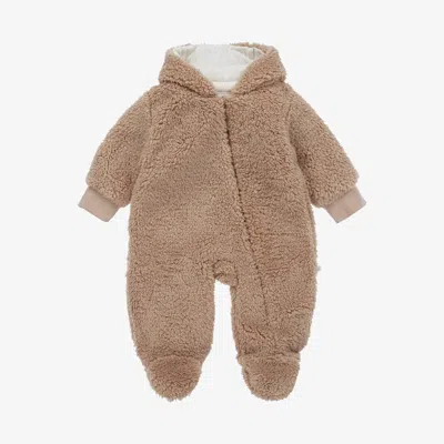 The Little Tailor Babies' Beige Teddy Fleece Pramsuit In Brown