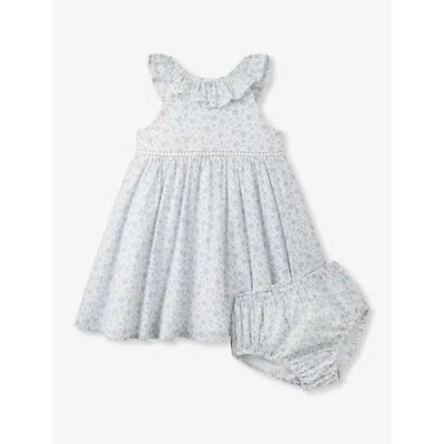 The Little White Company Babies'  Blue Margot Floral-print Ruffle-trim Organic-cotton Dress 0-18 Months