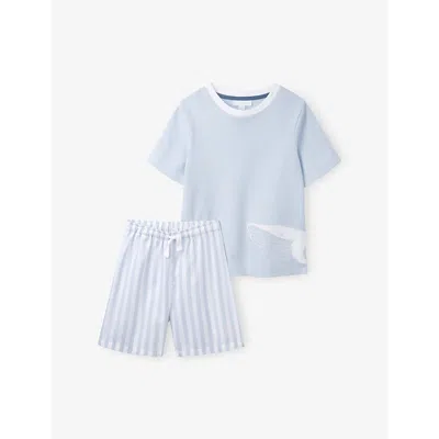 The Little White Company Kids' -embroidered Short-sleeve Cotton Pyjamas 7-12 In Blue