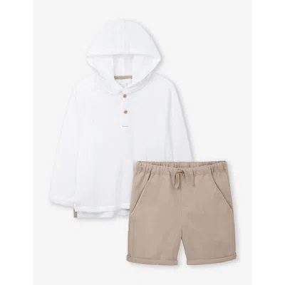 The Little White Company Boys Multi Kids Crinkle-effect Organic-cotton Hoody And Short Set 0-18 Mont
