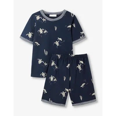 The Little White Company Kids' Turtle-print Organic-cotton Set In Navy/white