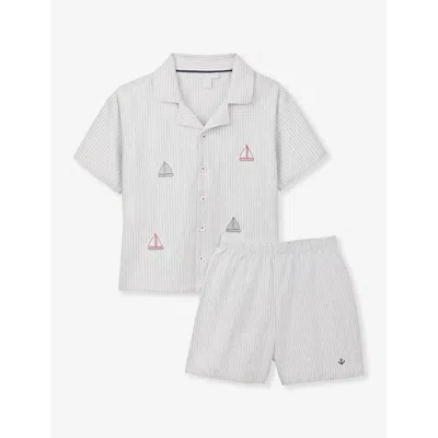 The Little White Company Kids' Sailboat-embroidered Stripe Organic-cotton Pyjama Set 1-6 Years In White/grey