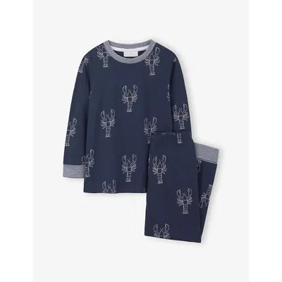 The Little White Company Kids' Navy Lobster-print Glow-in-the-dark Organic-cotton Pyjam In Blue