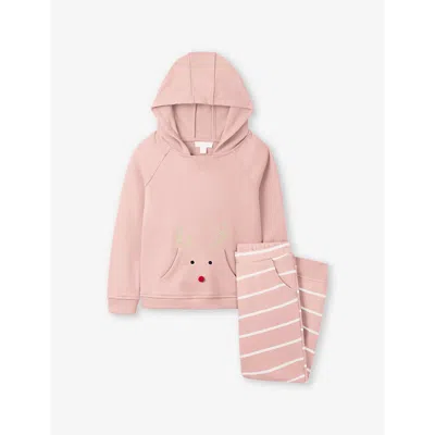 The Little White Company Kids' Jingles Reindeer Organic-cotton Hoody And Jogging Bottoms Set 0-18 M In Dusty Pink