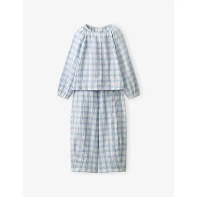 The Little White Company Kids' Gingham Long-sleeved Cotton Pyjama Set 1-12 Years White/blu In Blue