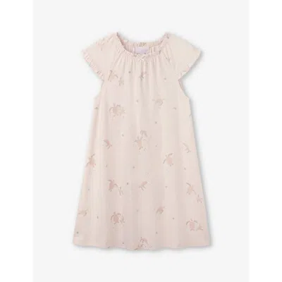 The Little White Company Girls Multi Kids Bow-embroidered Turtle-print Cotton Nightdress 1-6 Years
