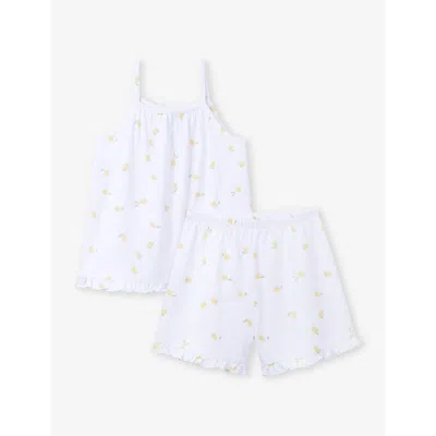 The Little White Company Girls Multi Kids Lemon-print Frilled-hem Organic-cotton Pyjamas