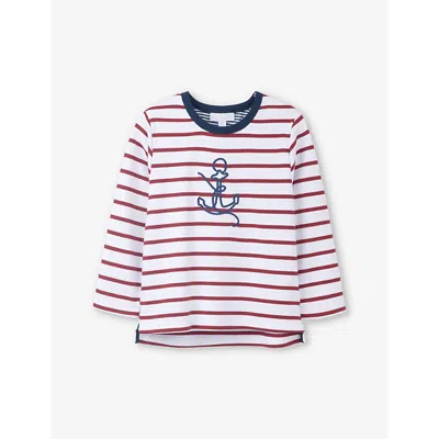 The Little White Company Kids' Anchor-embroidered Stripe Organic-cotton Sweatshirt 18 Months-6 Years In White/ Red