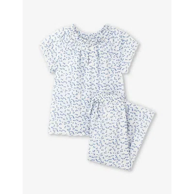 The Little White Company Kids' Floral-print Scalloped-edge Cotton Pyjamas 7-12 Years In White/blue