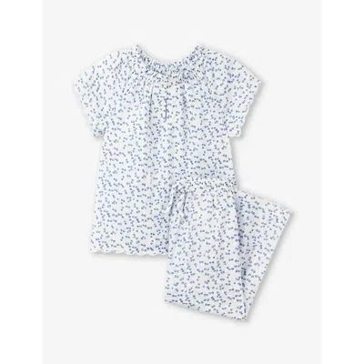 The Little White Company Kids' Floral-print Scalloped-trim Cotton Pyjamas 1-6 Years In White/blue