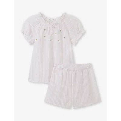 The Little White Company Girls Whitepink Kids Floral-embroidered Puff-sleeve Seersucker Cotton Pyjam