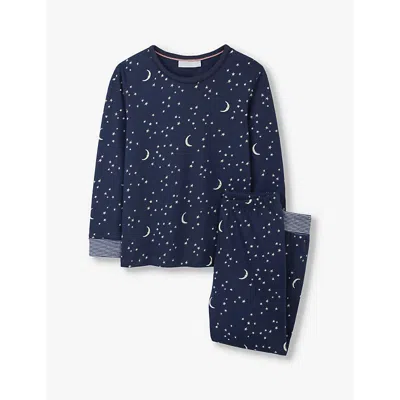 The Little White Company Kids' Navy Glow In The Dark Moon And Star-print Organic-cotton Pyjama Set 1-2 Y