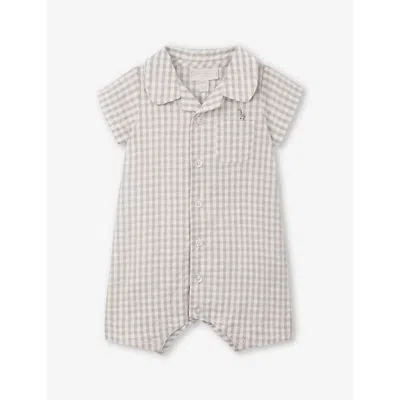 The Little White Company Babies'  Grey Gingham-check Giraffe-embroidered Organic-cotton Sleepsuit 0-24 Months