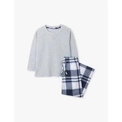 The Little White Company Kids' Multi Checked Long-sleeved Cotton Pyjamas 2-1 In Gray