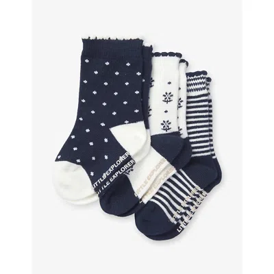 The Little White Company Kids' Daisy Set Of Three Cotton-blend Socks 0 Months - 4 Year In Blue