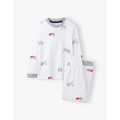 The Little White Company Kids' Multi Tractor-print Long-sleeve Organic-cotton Pyjamas 1-6 In White