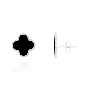 The Lovery Large Onyx Clover Stud Earrings White Gold In Black