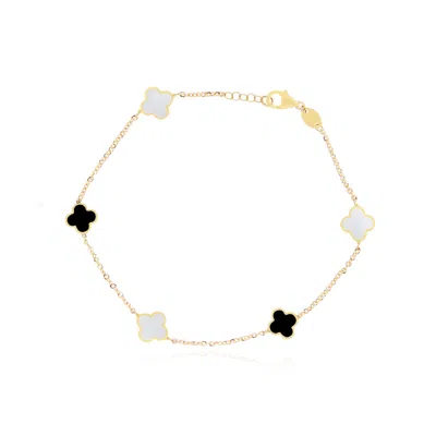 The Lovery Mini Mother Of Pearl And Onyx Mixed Clover Bracelet In Gold